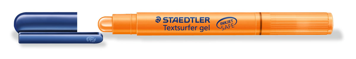Staedtler Textsurfer gel 264-4 with the dark blue cap off, orange wax lead twisted up, INKJET SAFE printed on the orange barrel