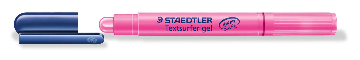 Staedtler Textsurfer gel 264-23 with the dark blue cap off, pink wax lead twisted up, INKJET SAFE printed on the pink barrel