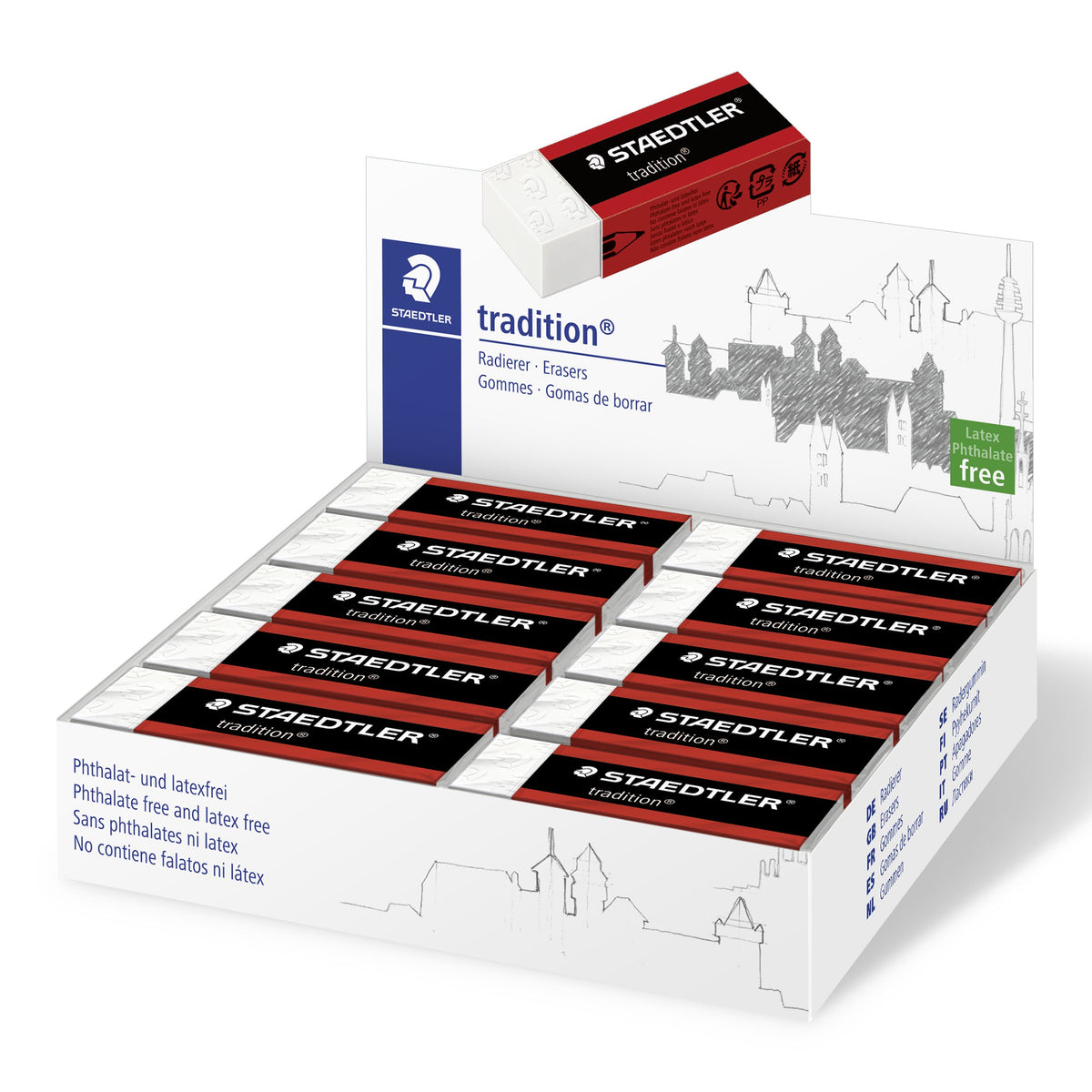 Staedtler tradition display box with rows of red and black sleeved erasers, a city skyline sketch on the header and one eraser on top