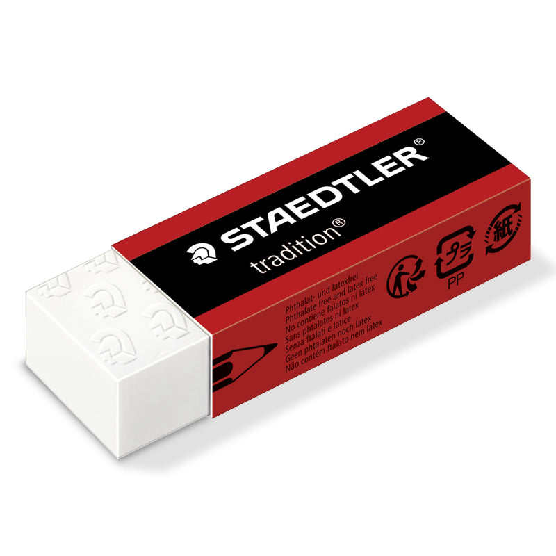 Single Staedtler tradition 526 T20 eraser, white block in a red and black sleeve printed STAEDTLER tradition