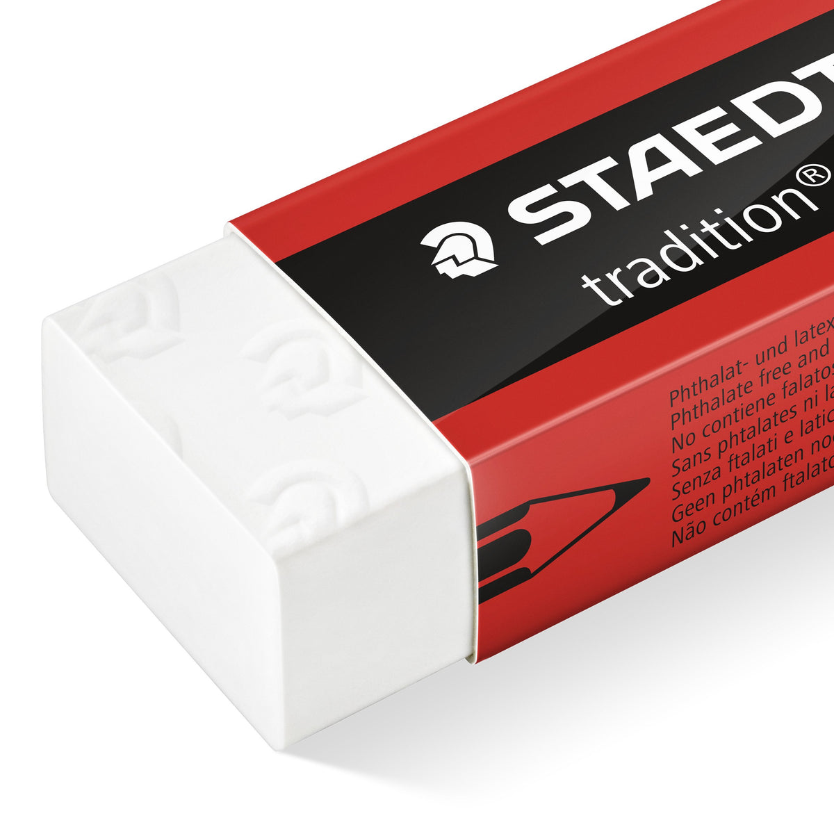 Close view of the tradition sleeve end with the embossed white eraser and multilingual phthalate and latex free text