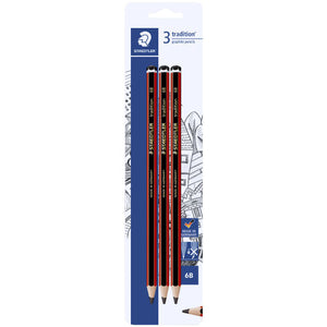 Staedtler tradition blister card holding three red and black 6B graphite pencils, printed 3 tradition graphite pencils with a 6B grade panel
