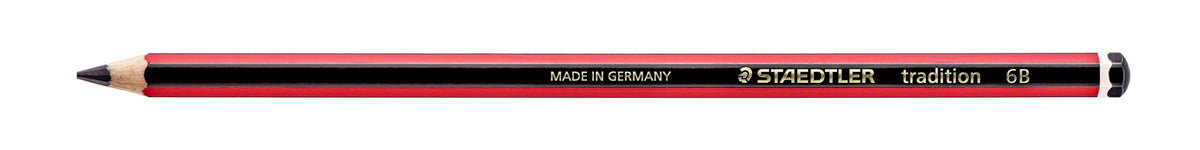Side view of a Staedtler tradition pencil with the gold barrel imprint STAEDTLER tradition 6B on black