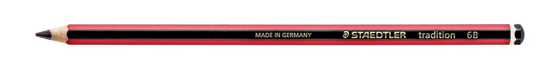 Side view of a Staedtler tradition pencil with the gold barrel imprint STAEDTLER tradition 6B on black