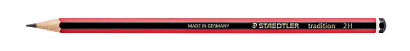 Barrel close view of a Staedtler tradition pencil showing the gold print STAEDTLER tradition 2H