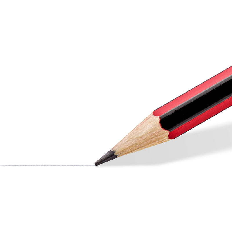 Sharpened tradition pencil point drawing a fine pale grey line across white paper, close-up