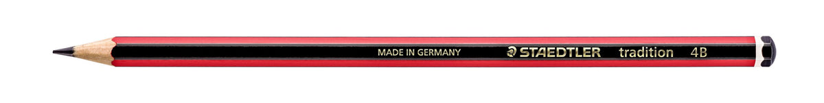 Gold barrel imprint reading STAEDTLER tradition 4B on a red and black Staedtler pencil, side view