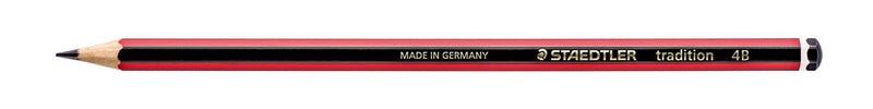 Gold barrel imprint reading STAEDTLER tradition 4B on a red and black Staedtler pencil, side view