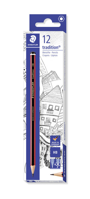 Staedtler tradition HB box of 12 pencils, white and blue box with the HB grade panel and a pencil pictured on the front