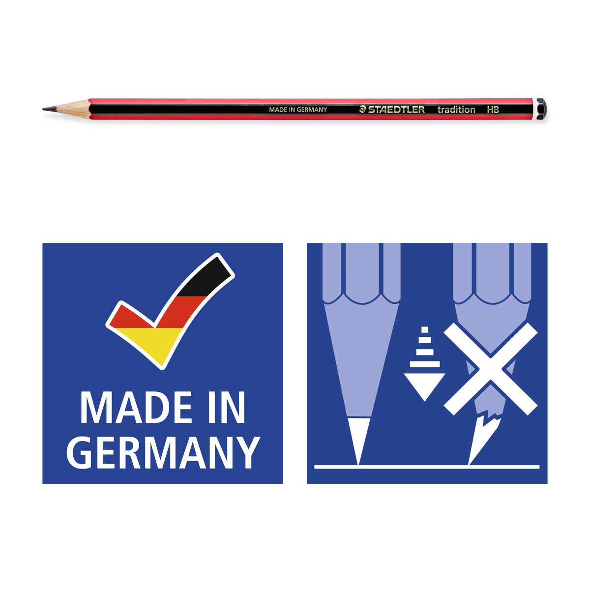 Staedtler pictograms for the tradition HB pencil: Made in Germany and a break-resistant lead symbol, under a side view of the pencil
