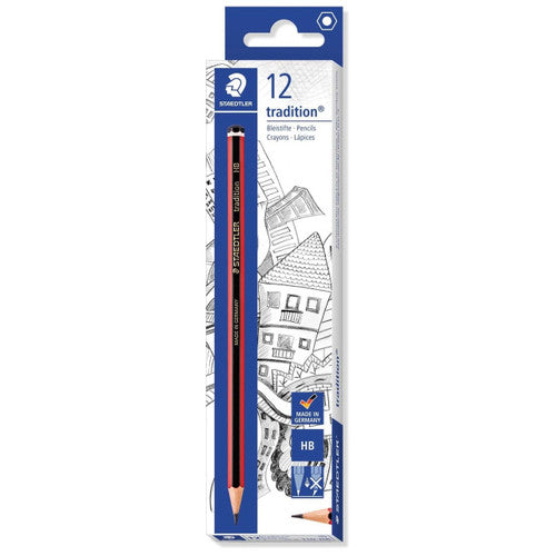 Staedtler Tradition 110-HB graphite pencils box of 12 showing iconic red and black hexagonal barrel with HB grade marking