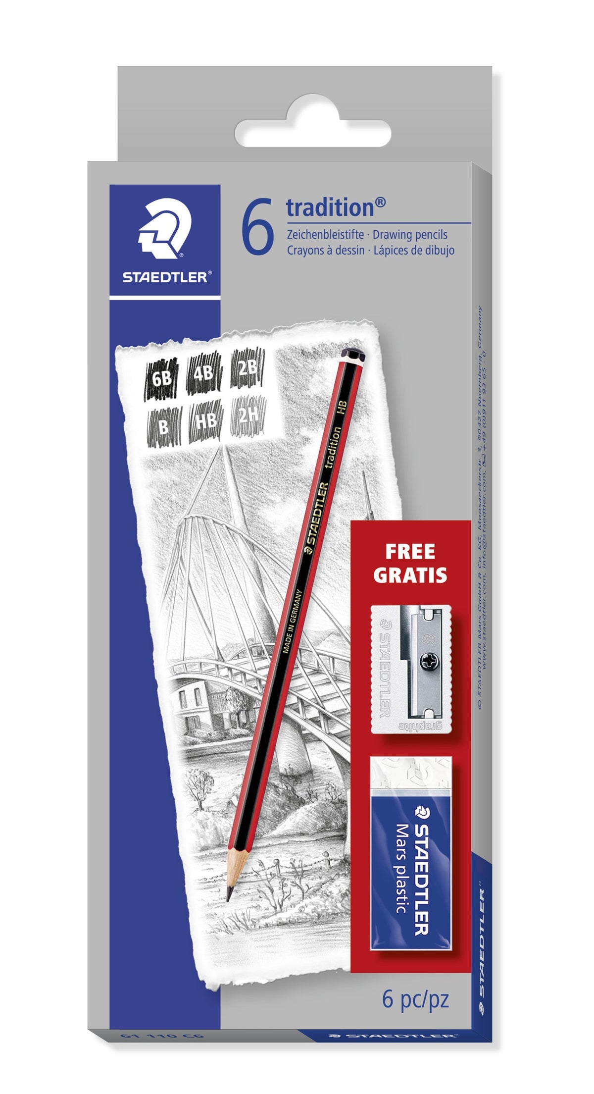 Earlier grey Staedtler tradition sketching box of 6 drawing pencils showing grade swatches 6B to 2H and the free sharpener and eraser