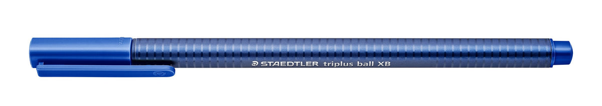 Staedtler triplus ball XB ballpoint with the blue cap fitted, lying flat, blue three-sided barrel printed STAEDTLER triplus ball XB