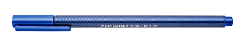 Staedtler triplus ball M ballpoint with the blue cap fitted, lying flat, blue three-sided barrel printed STAEDTLER triplus ball M