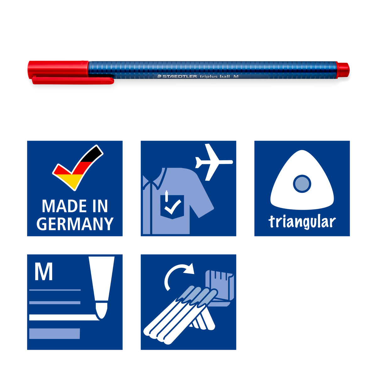 Pictogram panel for the Staedtler triplus ball with a red-capped sample pen: made in Germany, aeroplane, triangular, M line and stand