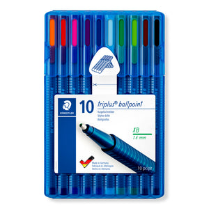 Staedtler triplus ball wallet of 10 extra broad ballpoints in ten coloured caps, clear blue case with a label reading 10, XB and 1.6 mm