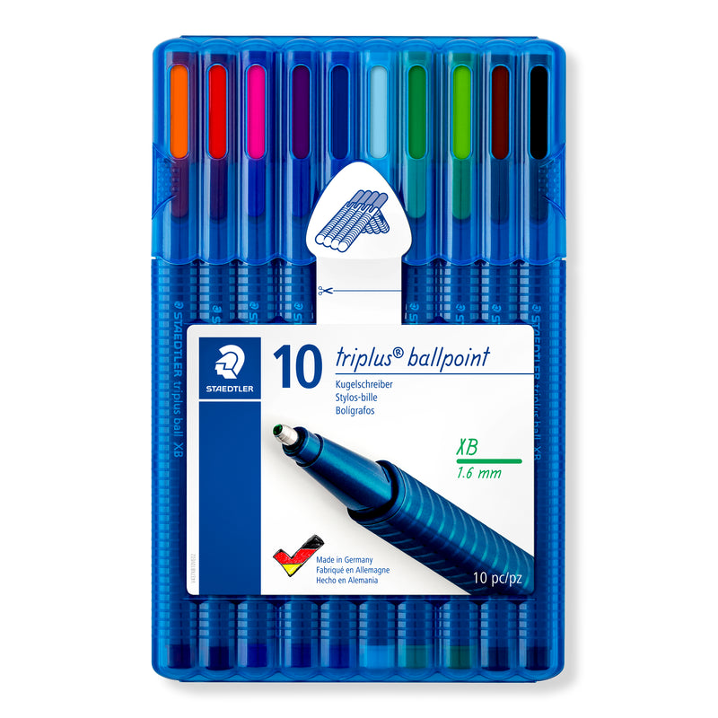 Staedtler triplus ball wallet of 10 extra broad ballpoints in ten coloured caps, clear blue case with a label reading 10, XB and 1.6 mm