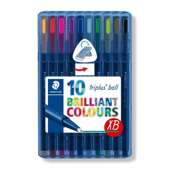 Earlier Staedtler triplus ball wallet of 10 extra broad pens with BRILLIANT COLOURS lettering and an XB badge on the label