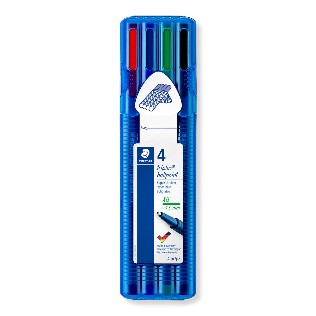 Staedtler triplus ball wallet of 4 extra broad ballpoints, clear blue case showing red, blue, green and black caps and a label marked XB about 1.6 mm