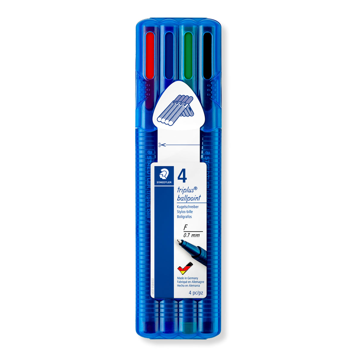 Staedtler triplus ball wallet of 4 fine ballpoints in a clear blue case, caps in red, blue, green and black, label marked F 0.7 mm and 4 pc