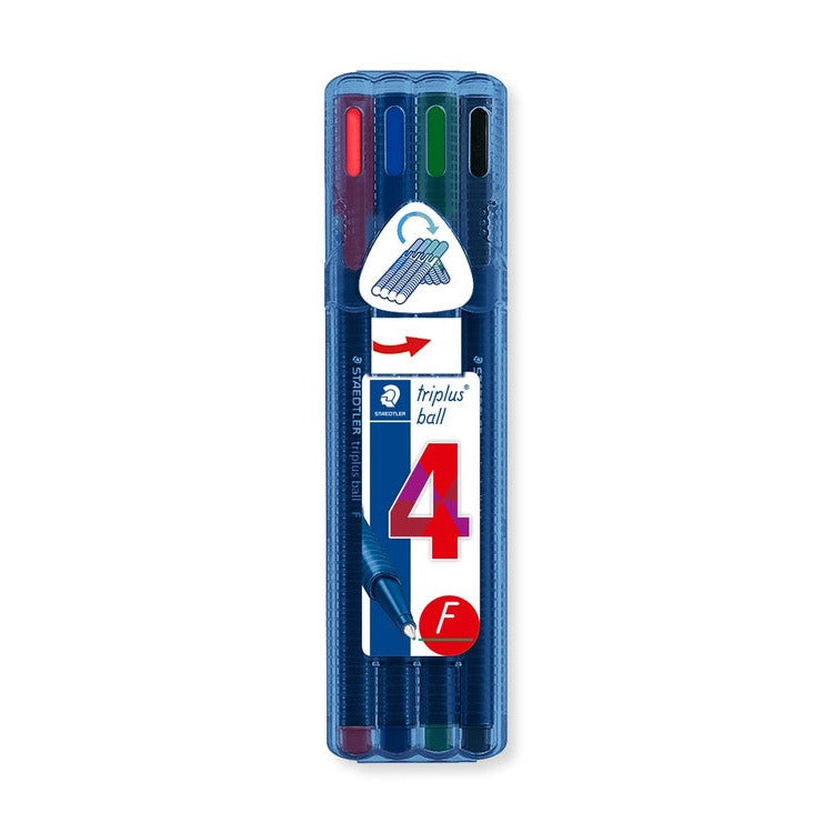 Earlier Staedtler triplus ball wallet design holding four fine pens, with a large red number 4 and a round F badge on the label