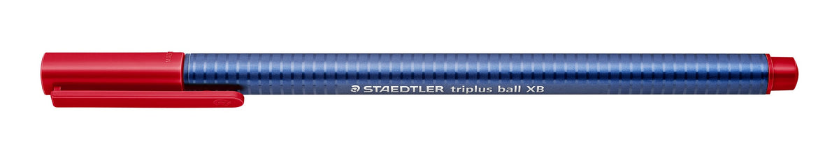 Staedtler triplus ball XB ballpoint with the red cap fitted, lying flat, blue three-sided barrel printed STAEDTLER triplus ball XB
