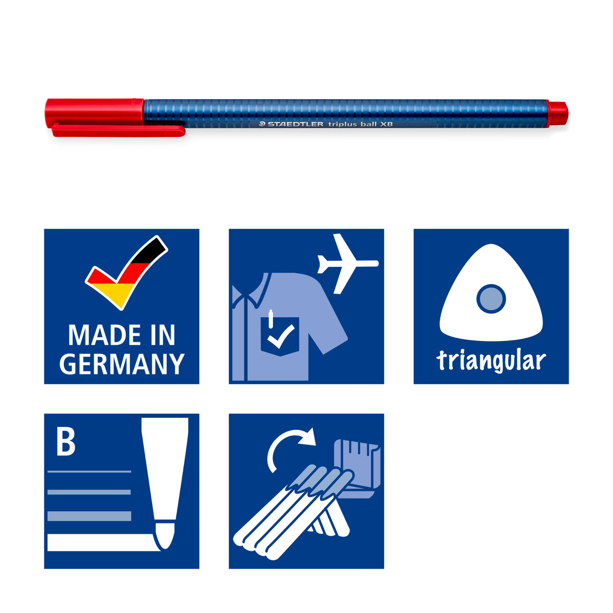Staedtler pictograms under a red-capped triplus ball: made in Germany, aeroplane, triangular, B line width and wallet stand icons