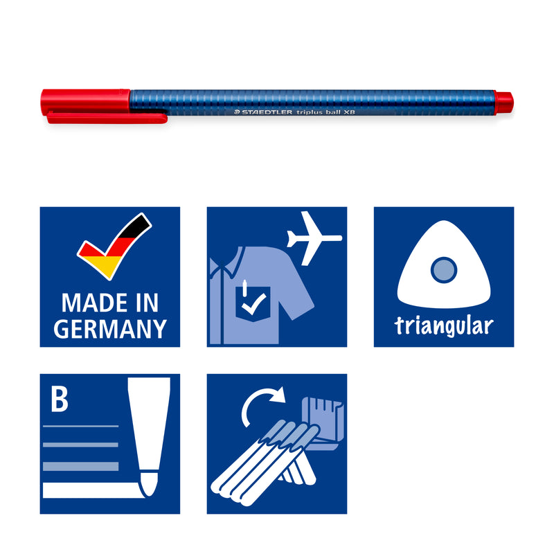 Staedtler pictograms under a red-capped triplus ball: made in Germany, aeroplane, triangular, B line width and wallet stand icons
