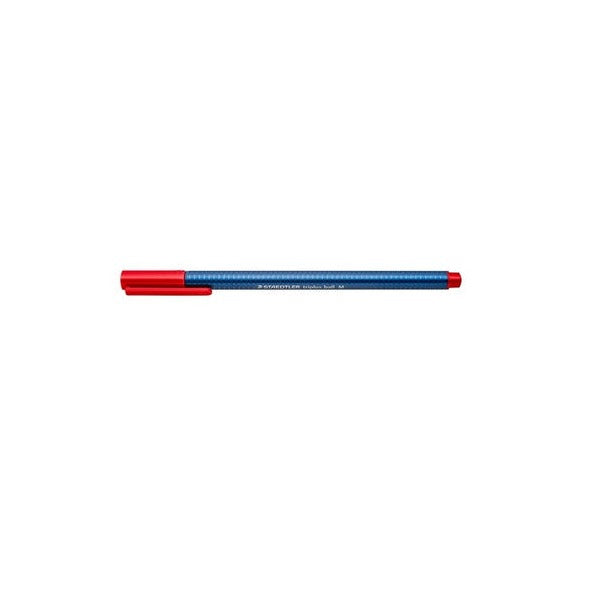 Staedtler triplus ball M ballpoint with its red cap on, blue three-sided barrel printed STAEDTLER triplus ball M