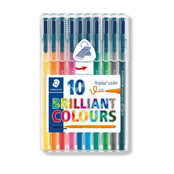 Earlier Staedtler triplus color wallet of 10 fibre-tip pens, clear stand-up case printed 10 BRILLIANT COLOURS with coloured barrels