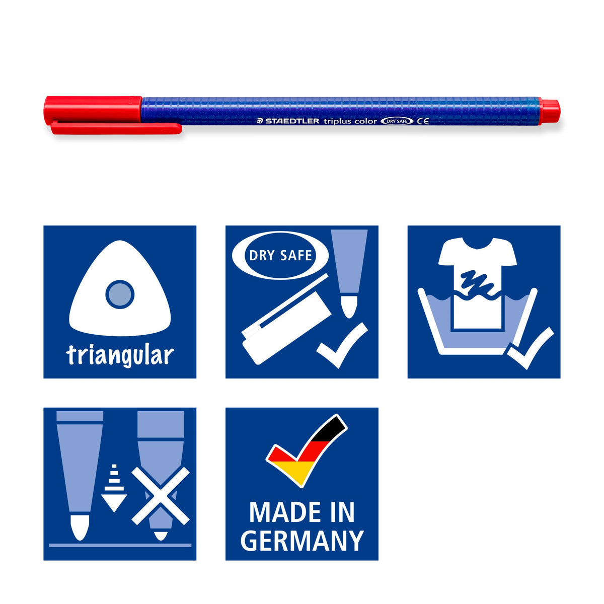 Staedtler pictograms: triangular, DRY SAFE, washable, locked tip and Made in Germany