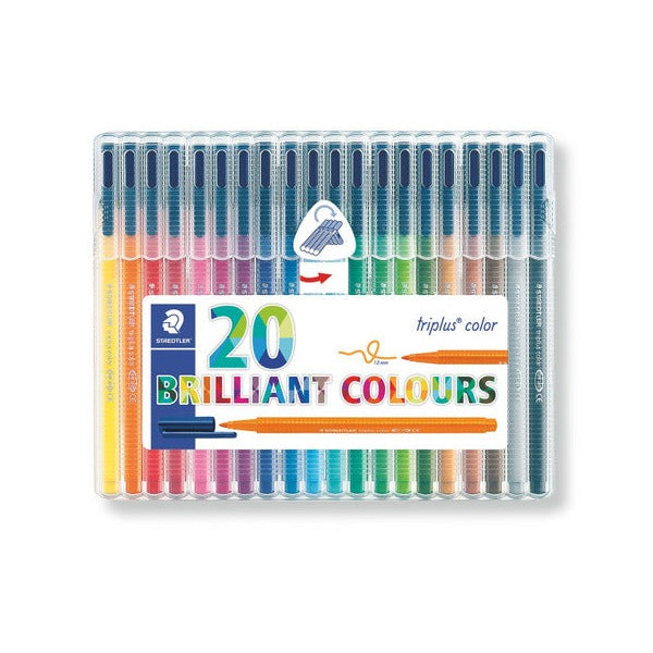 Clear Staedtler triplus color wallet of 20 fibre-tip pens with a 20 BRILLIANT COLOURS label, earlier packaging design