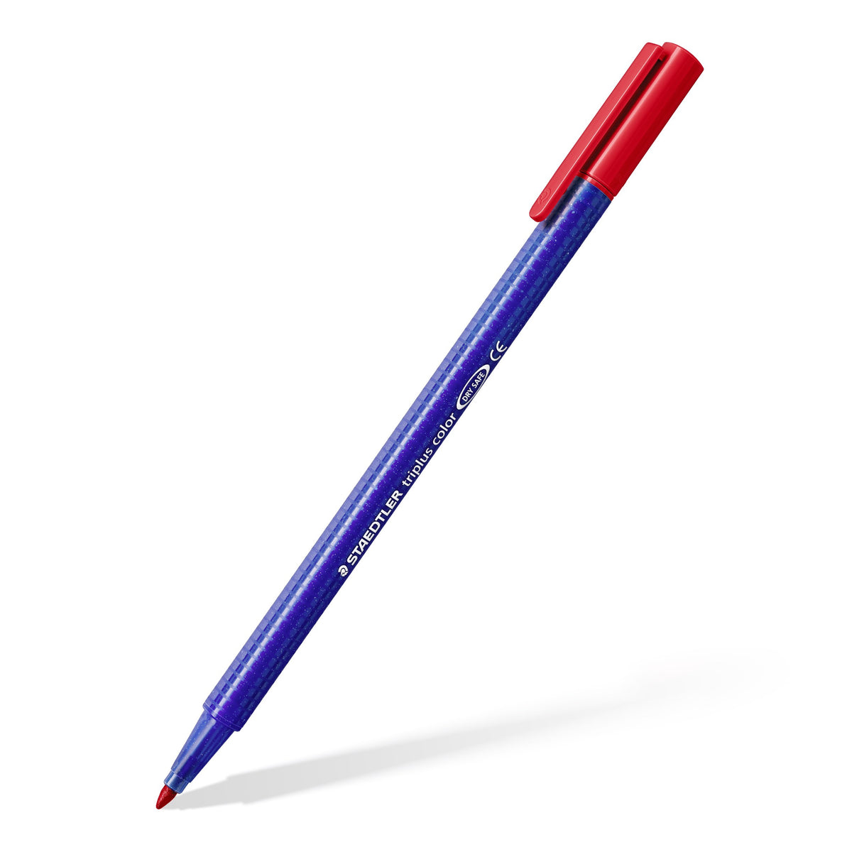 Single triplus color pen with a blue triangular barrel and red cap, a different shade from the same range