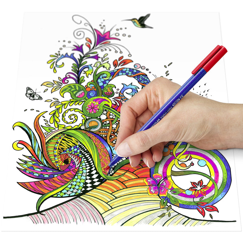 Hand colouring a detailed floral design with a hummingbird using a triplus color fibre-tip pen