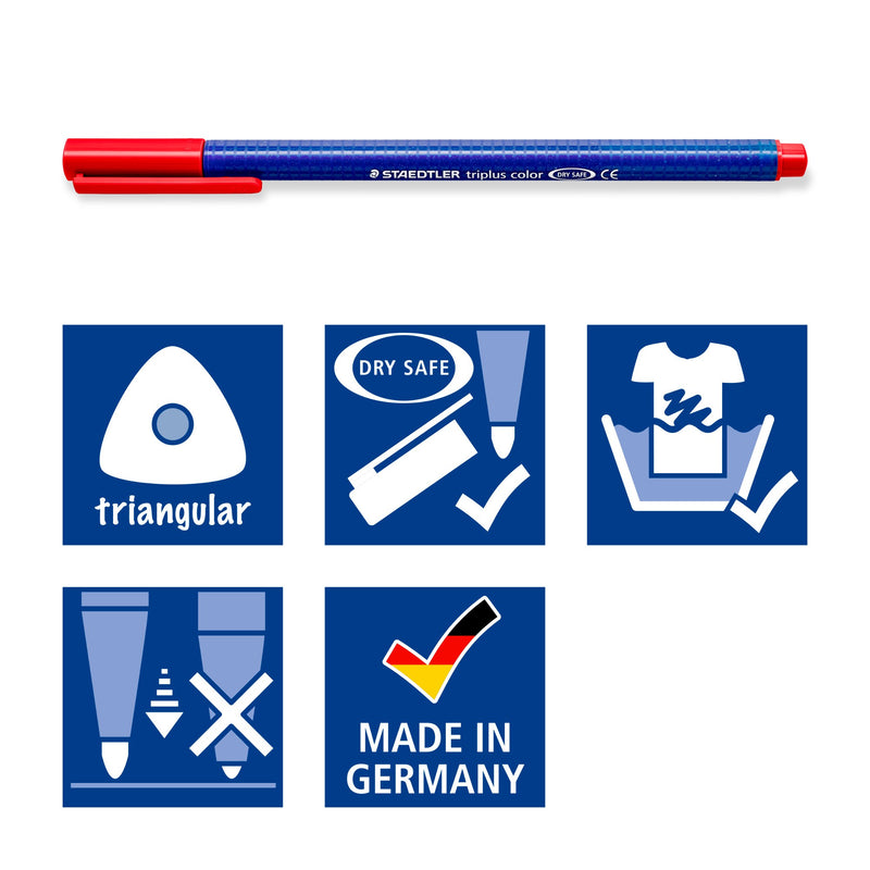 Triplus color pen above Staedtler icons for the triangular shape, DRY SAFE, washable ink, locked tip and made in Germany