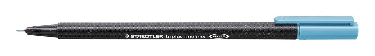 Staedtler triplus fineliner 334-34 with the aqua blue cap posted, dark speckled triangular barrel printed STAEDTLER triplus fineliner DRY SAFE