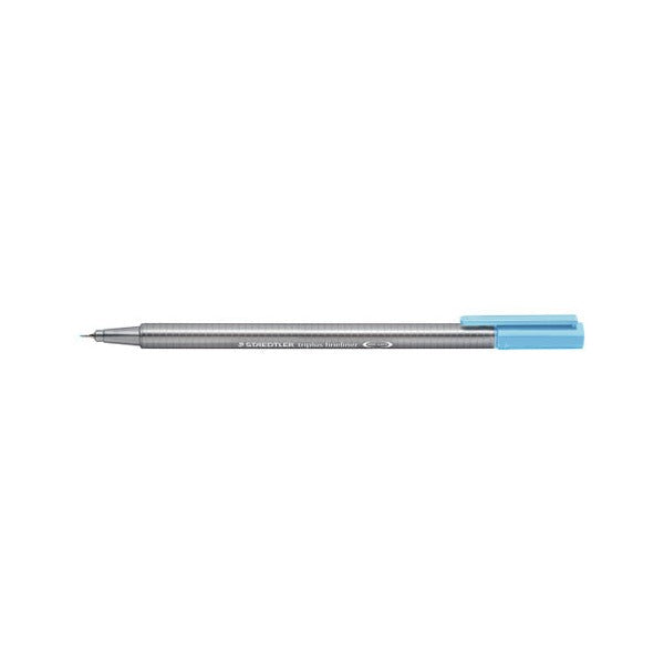 Aqua blue Staedtler triplus fineliner uncapped with the cap on the end, earlier silver-grey barrel design