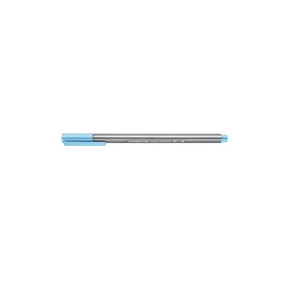 Aqua blue Staedtler triplus fineliner with the cap on, earlier silver-grey barrel, lying flat