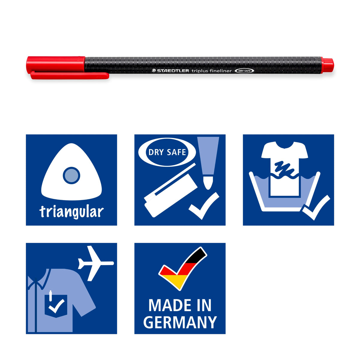 Staedtler triplus pictograms: triangular, DRY SAFE, washes out of textiles, airplane and Made in Germany