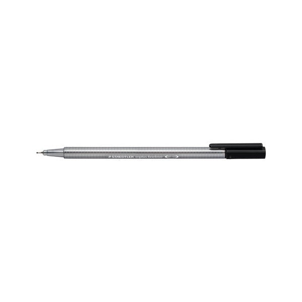 Black Staedtler triplus fineliner uncapped with the cap on the end, earlier silver-grey barrel