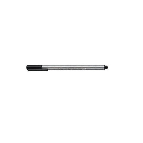 Black Staedtler triplus fineliner with the cap on, earlier silver-grey barrel design