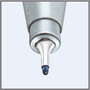 Close-up of an earlier grey triplus fineliner showing the slim metal-clad tip and a blue ink point, framed in a grey border