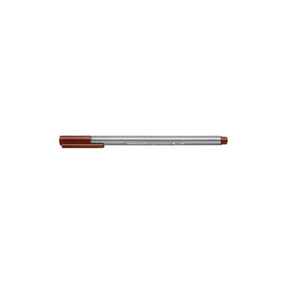 Staedtler triplus fineliner 334-76 with its brown cap on, silver triangular barrel printed STAEDTLER triplus fineliner