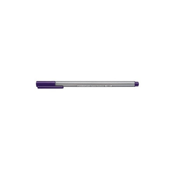 Earlier photo of a triplus fineliner 334-69 with a dark purple cap and grey triangular barrel, capped, on a white background