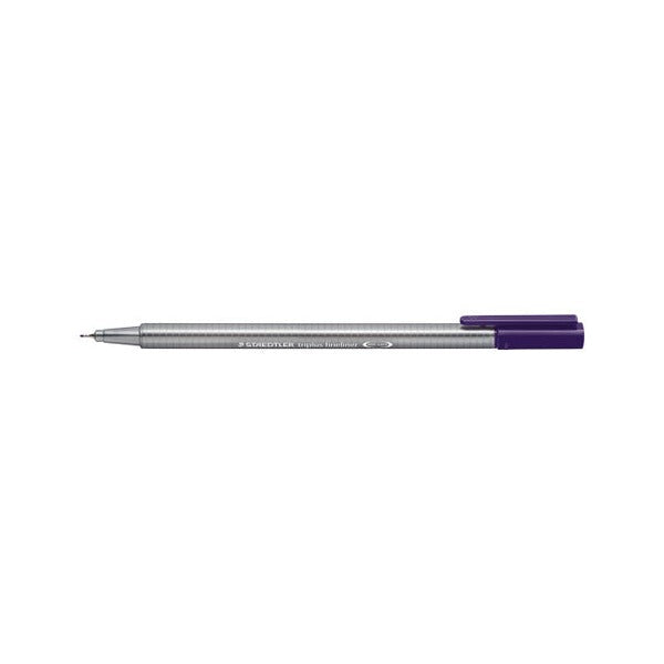 Earlier photo of the dark mauve triplus fineliner with its cap on the end, showing the fine tip and grey barrel