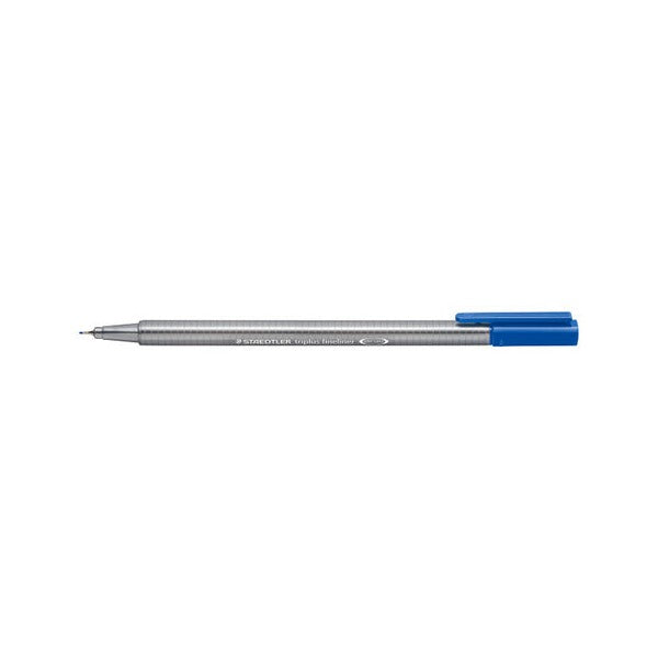 Staedtler triplus fineliner 334-63 in delft blue with the cap posted on the end and the fine metal-clad tip showing