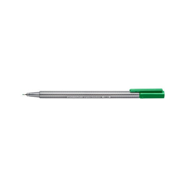 Staedtler triplus fineliner 334-5 in green with the cap posted on the end and the fine metal-clad tip showing