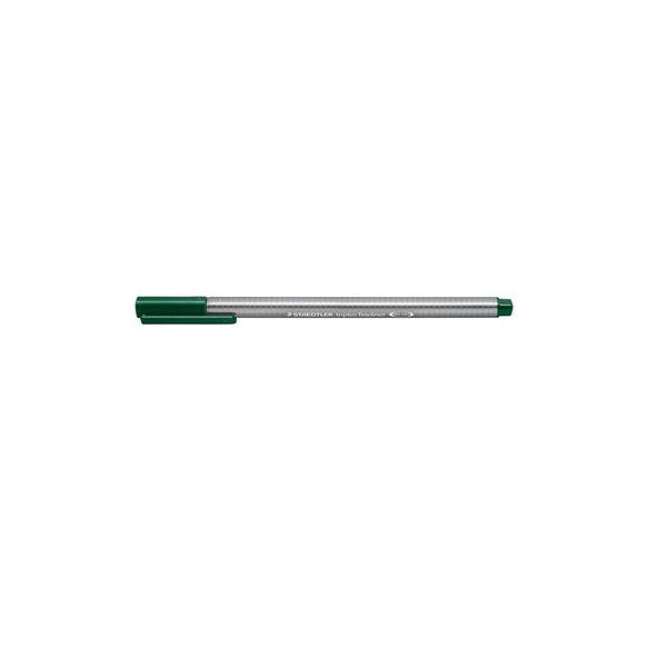 Staedtler triplus fineliner in green earth with the cap on, grey triangular barrel and a muted green cap and end