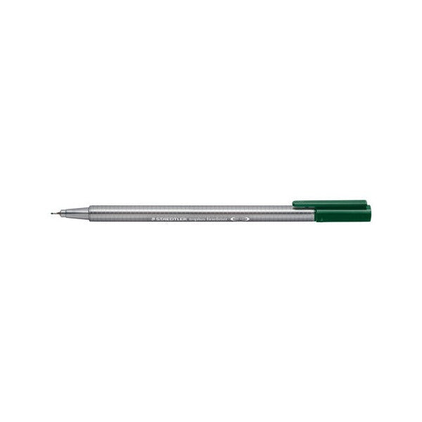 Green earth triplus fineliner with the cap posted on the end, showing the fine metal-clad tip and the earlier grey barrel