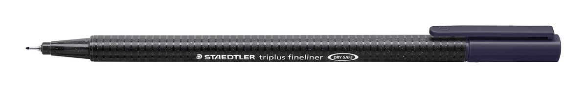 Staedtler triplus fineliner indigo blue 334-36 shown open with the cap posted, current black barrel printed STAEDTLER triplus fineliner and DRY SAFE